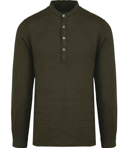 Native Spirit Long Sleeve Linen Washed Mao Collar Shirt